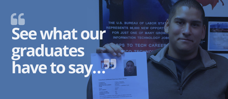 Male graduate holding up his diploma or certification; text over the image reads "see what our graduates have to say"; this is a testimonials page